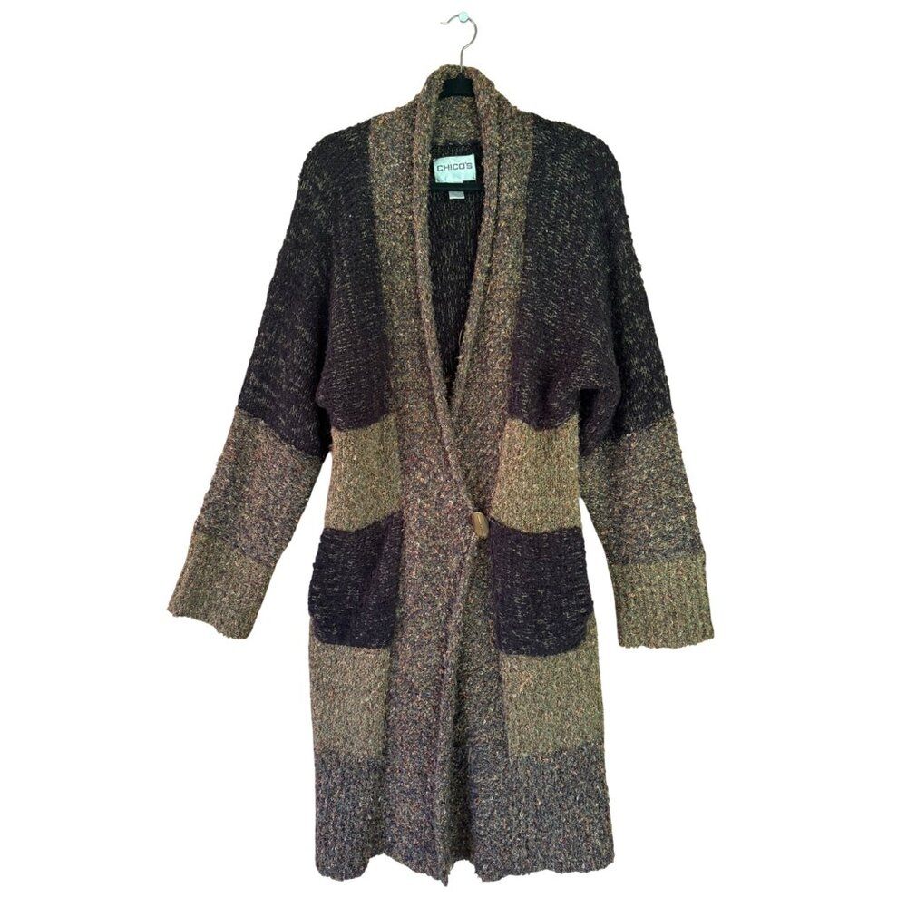 Vintage Chicos Long Open Front Colorblock Cardigan With Button Closure